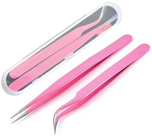 Qerwsdty Lot de 2 pinces à cils en acier inoxydable pour extensions de cils - Avec pointe droite et incurvée - Rose