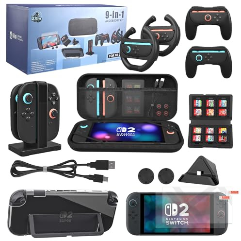 Switch 2 Accessories Bundle – 9-in-1 Deluxe Carrying Case Kit with Protective Cover, Screen Protector, Controller Charger, Racing Wheels, Grips – All-in-One Gift Set for Gamers & Family Travel