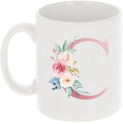 Monogrammed Floral Letter C Ceramic 11 Oz Personalised Mug Pink, Custom Initial Mugs for Women, Bridesmaids, Mums, Birthdays – Stylish Large coffee cup, Tea, Hot Chocolate, Office or Home Use