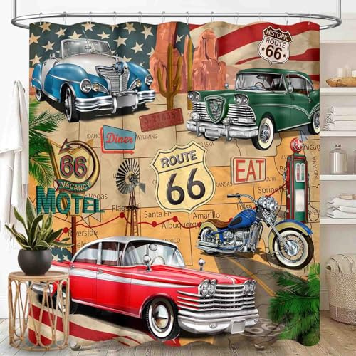 TKUYO Route 66 Road Shower Curtain for Bathroom, Rustic Boys Man Vintage Classic Car Motorcycle Biker Country Western Retro Man Cave Waterproof Fabric Shower Curtain Set with Hooks, 72x72 Inch