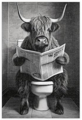 Kuh liest Zeitung auf Toilette, Leinwandposter, Wandkunst, Dekordruck, Bild Gemälde für Wohnzimmer, Schlafzimmer, Dekoration, 30 x 45 cm