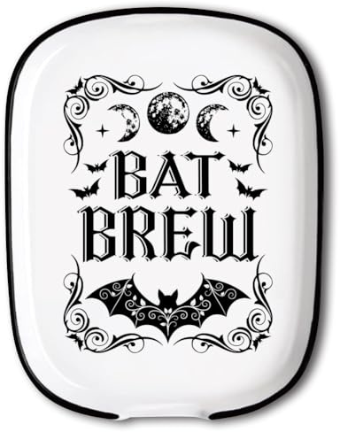 ANATTASOUL Ceramic Coffee Spoon Rest for Stove Top Divination Bat and Moon Phases Pattern 4.52x5.9 Large Teaspoon Holder, Heat Resistant Kitchen Utensils Holder Decorative for Counter Cooking Gifts
