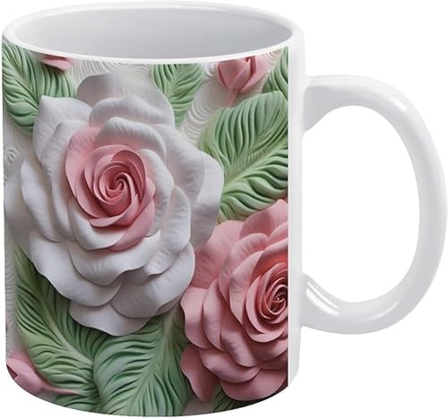 Anceky 3D Pink Green Rose Flower Mug, Pink Roses Floral Mug, Floral Mug Ceramic Coffee Cup for Men Women 11Oz White