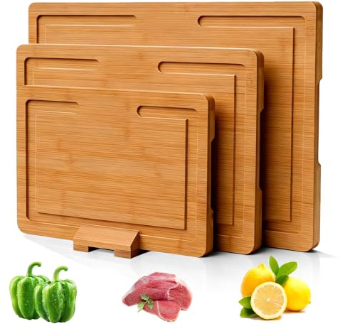 Set di 3 taglieri, tagliere in legno, 40,7 x 28 x 1,5 cm / 32 x 22 x 1,5 cm / 25,4 x 17,8 x 1,5 cm, legno naturale, tagliere da cucina con scanalature per carne, verdure e formaggio