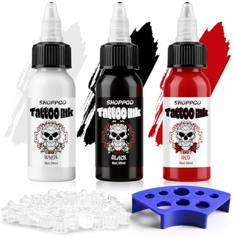 SHOPPGO Dynamic Tattoo Ink, Tattoo Farbe Rot Black Weiß, Tattoofarbe Set | Enthält Tattoo-Tintenbecher, Tätowierfarbenhalter, Lang anhaltende Farbe, Verblasst Nicht Leicht, 30ml*3