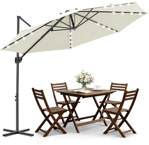 Jaxguom Sonnenschirm,Ampelschirm + Abdeckung LED Solar Ø 300 cm mit Kurbel, Sonnenschirm mit Ständer 360° Funktion, Kurbelschirm Marktschirm Wasserdicht (Beige)