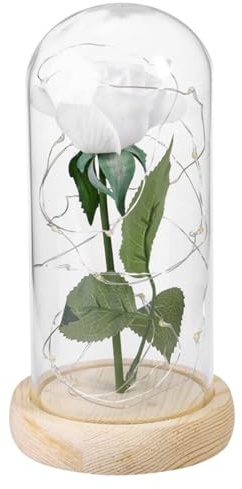 Hemobllo Rose Blanche Stabilisée sous Cloche en Verre Base en Bois, Décoration Lumineuse LED pour Mariage ou Fête, Alimentée par 3 Piles AAA