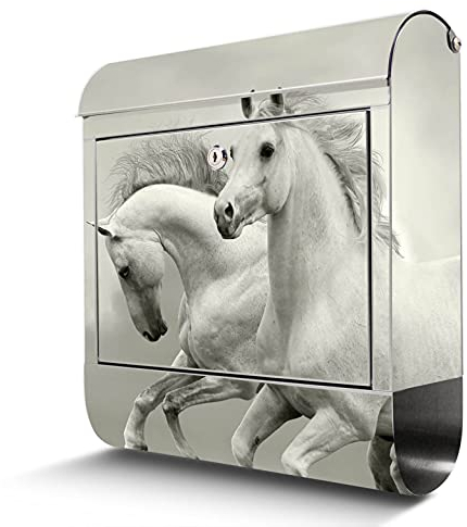banjado® Briefkasten Edelstahl mit Motiv Wilde Pferde SW 38x43x12cm & 2 Schlüssel - rostfreier Edelstahl Briefkasten mit Zeitungsfach - Postkasten A4 Einwurf inkl. Montagematerial