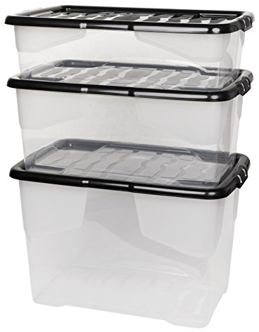 3 Stück Aufbewahrungsbox Curve mit Deckel aus transparentem Kunststoff. Nutzvolumen 65, 42 und 30 Liter. Stapelbar und nestbar. Einsehbar mit Deckel.