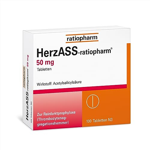 HerzASS-ratiopharm 50 mg: Herzgesundheit - Blutverdünner gegen das Verklumpen von Blutplättchen und zur Vorbeugung von Herzinfarkt und Schlaganfall, 100 Stück