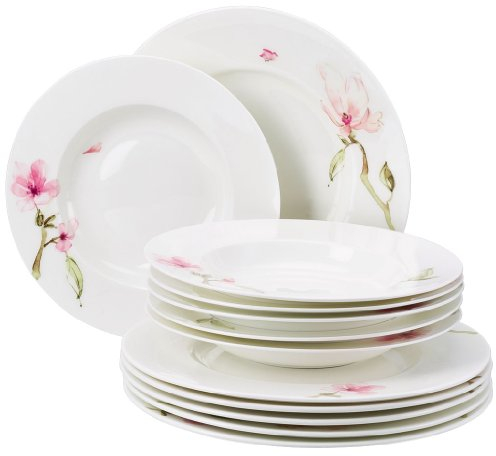 Rosenthal 61040-414124-18339 Jade - Servizio da tavola in Porcellana, 12 Pezzi, Motivo: Magnolie