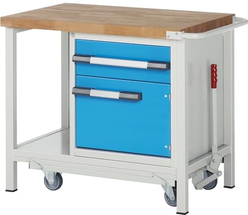 eurokraft | Fahr- und absenkbare Werkbank | Gestellbauweise Serie 8000 | 1 Schublade | 1 Tür | Ablageboden | BxT 1000 x 700 mm