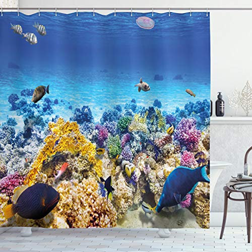ABAKUHAUS Fisch Duschvorhang, Ozean Korallen Goldfish, Stoffliches Gewebe Badezimmerdekorationsset mit Haken, 175 x 240 cm, Türkis