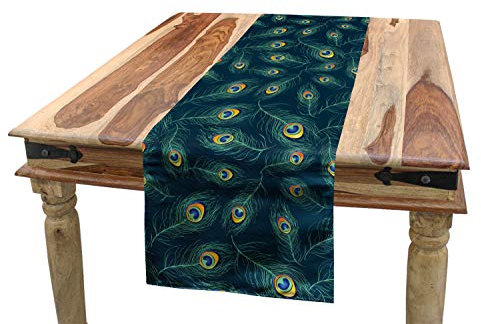 ABAKUHAUS Feder Tischläufer, Exotische Pfau-Entwurf, Esszimmer Küche Rechteckiger Dekorativer Tischläufer, 40 x 225 cm, Dunkelblau Türkis