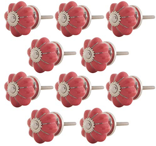 10 X Möbelknopf Kürbisform klein Keramik Porzellan Vintage Landhausstil Shabby-Chic 34 ØKnober klassisch edel verziert (Rot mit Silber Montur)