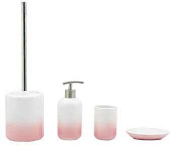 BM 4064 Set di Accessori da Bagno in Ceramica Sfumatura Bianco Anguria, Set Accessori Bagno Completo 4 Pezzi, Dispenser, Portaspazzolino, Portasaponetta, Portascopino
