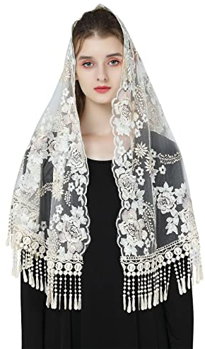 BEAUTELICATE Mantilla Spitzen Katholisch Schal Schleier Stola mit Quaste Schwarz Weiß für Damen Messe Latein Kapelle Kirchliche Hochzeit V118