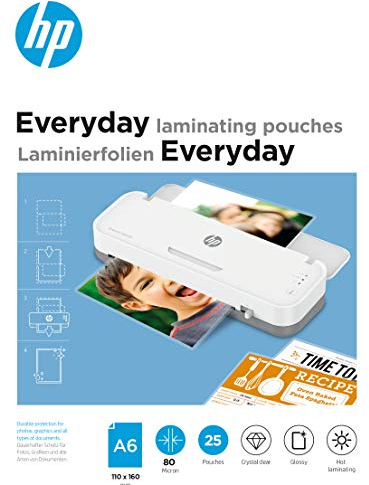 HP Everyday Laminierfolien, DIN A6, 80 Micron, glänzend, transparent, zum Heißlaminieren, 25 Stück, 9156