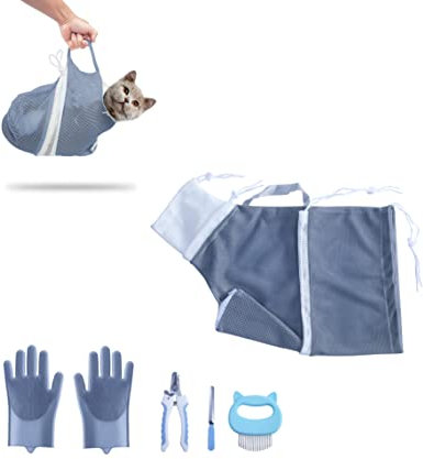 KlerRoem Cat Bathing Bag, Adjustable Anti-bite and Anti-Scratch Shower Mesh Grooming Bag for Pet Dogs, Includes Pet Nail Clipper, Nail File, Grooming Glove, and Cat Shell Comb
