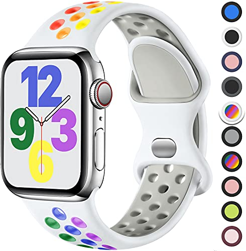 Upeak Sport Cinturino Compatibile con Cinturino Apple Watch 40mm 38mm 41mm 42mm, Cinturini a Doppio Foro in Silicone Traspirante per iWatch Series 10 9 8 7 6 5 4 3 2 1 Ultra SE, S, Bianca/Arcobaleno