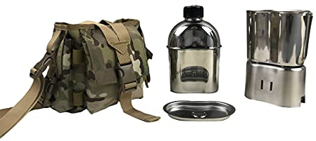 Jolmo Lander Militär-Kochgeschirr-Set, Camping-Kantine aus Edelstahl Mit Tasse, Deckel, Herd und Tasche (Camouflage-Set)