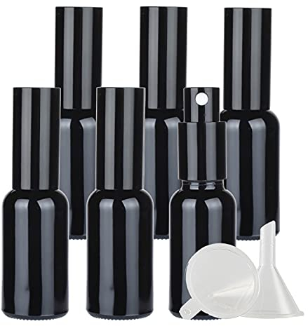ZEOABSY Pack of 6, 30ml Glossy Black Glass Perfume Spray Bottles with Sprayer, 30 ml Refillable Empty Fine Mist Travel Atomiser Sprayers, Ideal for Makeup Care Household Cleaning + 1 x Funnel