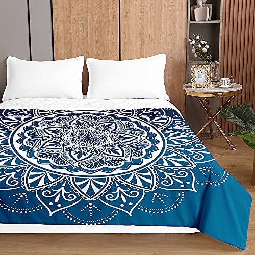 Chickw1 Tagesdecken Bettüberwurf, 3D Mandala Drucken Tagesdecke aus Mikrofaser - Prägemuster Wohndecke Bettdecke für Einzelbett Doppelbett oder Kinder (Blaues Mandala,180x220cm)