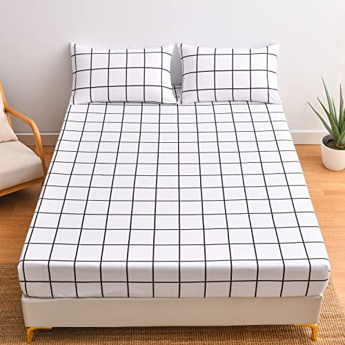 Spannbettlaken 140x200 Weiß Schwarz Karo Muster Bettlaken Jersey Microfaser Karierte Spannbetttuch für Boxspringbett 140x200cm Hochwertiges Spannbetttücher für Hohe Matratze bis 25-30 cm