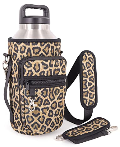 Half Gallon Jugs Water Bottle Holder with Strap and 2 Pockets, Water Bottle Sleeve Carrier Compatible with Yeti & RTIC Half Gallon Jugs, 64oz Hydro Flask (Classic Leopard)