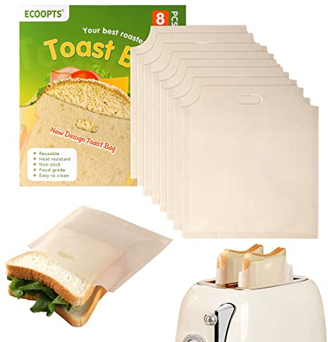 ECOOPTS 8 Large Size Toaster Bags | Non Stick Sandwich Toastie Bag | Easy to Open Reusable Toaster Bag for Grilled Cheese Sandwiches | Safest On The Market