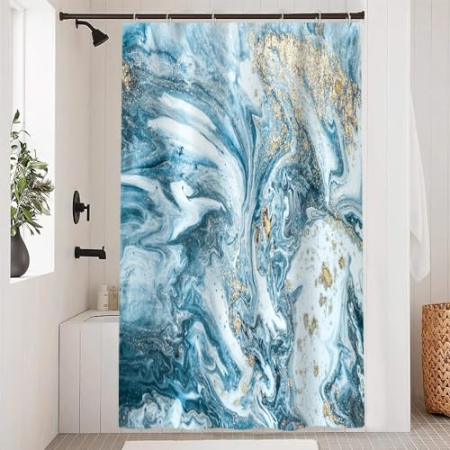 Uiiooazy Duschvorhang 120x200cm, Duschvorhang Blau Marmor Optik Anti Schimmel Grau Gelb Marmoriert Modern Duschvorhänge Stoff Waschbar Wasserdicht Polyester Bad Vorhang mit 8 Haken für Badezimmer