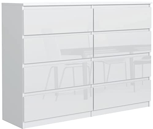 meble masztalerz Kommode 120 cm Weiss mit Hochglanz-Fronten mit 8 Schubladen - 120 x 101,5 x 39 cm - Sideboard Wohnzimmer, Schlafzimmer - Schubladenschrank - Komodenschrank