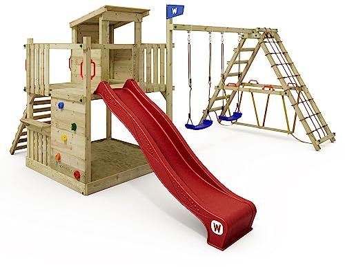 WICKEY Spielturm Klettergerüst Smart Nest mit Schaukel & Rutsche, Sandkasten, Surfswing mit Kletteranbau, Kinder Kletterturm mit Kletterwand & Spiel-Zubehör - rot