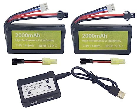 ZYGY 2PCS 7.4V 2000mah Li-ion Battery with SM-2P Plug and 2 in 1 Charger for Skytech H101 H103 H105 RC RC Boat and MN D90/91, MN 99/99s RC High Speed RC Car Battery