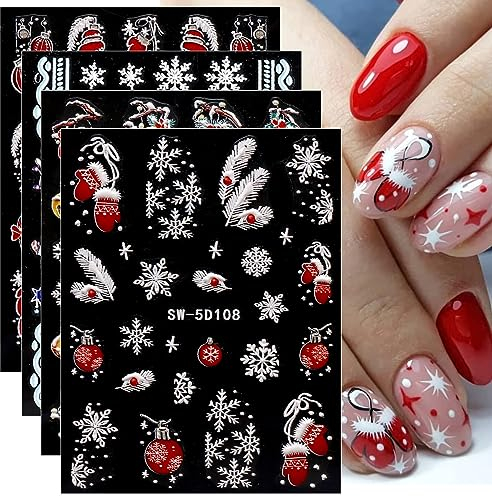 JMEOWIO 3D Nagelsticker Weihnachten Nail Art Sticker Selbstklebend Nagelaufkleber 5D Stereoskopisch Winter Schneeflocken Dekoration Nageldesign Zubehör 4 Blatt