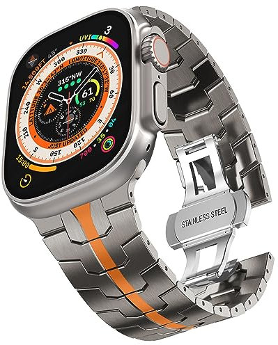 CHANCHY Correa de Acero Inoxidable para Apple Watch Ultra 2/Series 9 8 7 6 5 4 3 2 1 - Compatible con 49mm 45mm 44mm 42mm - Correa de Metal con Cierre Plegable (Titanio/Naranja, 49mm)