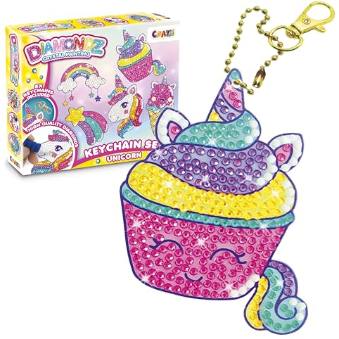 DIAMONDZ CRYSTAL PAINTING Keychains Set Unicorn - DIY Diamond Painting Schlüsselanhänger Bastelset, Diamant Malerei Kinder 5x Schablonen & Zubehör