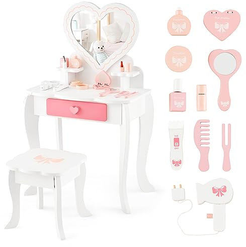 GOPLUS Kinder Schminktisch Set mit herzförmigem Spiegel, 2 in 1 Prinzessin Frisiertisch mit 10-teiliges Zubehör, Kinderschminktisch mit Schublade & Hocker, Schminkkommode für Kleinkinder ab 3