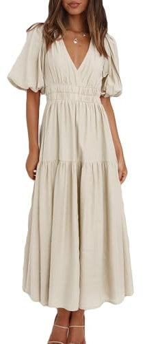 MessBebe Womens Summer Casual Maxi Dress V Neck Puff Sleeve Ruffled Solid Color Ruffle Beach Dress Apricot