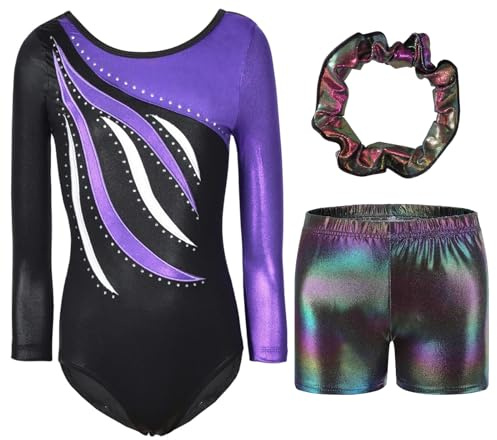 FINGER TEN Gymnastikanzug Mädchen Kurzarm Langarm Kinder Ballettanzug Gymnastik Training Gymnastikbody Trikotanzug Tanz Kleid (Lila, Tag 8A (7-8 Jahre))