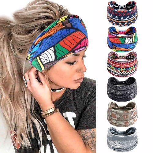 6Stück Stirnbänder für Frauen Breite verknotete Turban Bandana Boho Kopftücher Wraps Yoga Haarbänder Stoff elastische Stirnband Sport Laufen Kopftücher