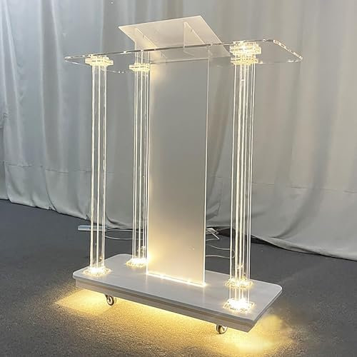 UE-MAOLU Klares Acryl-Rednerpult, Rednerpult Mit LED-Leuchten, Acryl-Podium-Konferenztisch Mit Rollen, Klares Rollendes Rednerpult, Für Empfangstheke