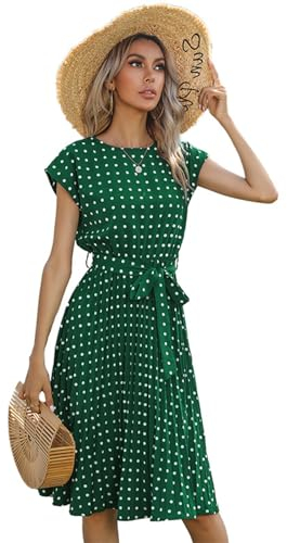 BOUTIKS Kleid Damen Sommer Elegant Rundhalsausschnitt Kurzarm Plissee A-Linie Polka Dot Kleid mit Gürtel, M