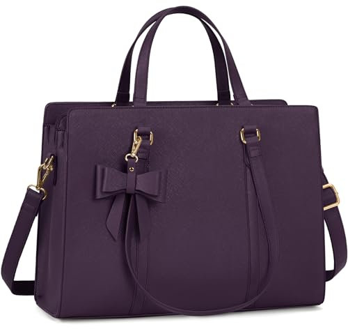 NEWHEY Laptop Tote Bags for Women 15.6 Inch Ladies Leather Laptop Handbags Designer Office Shoulder Bag Womens for Work School Business Shopping Purple