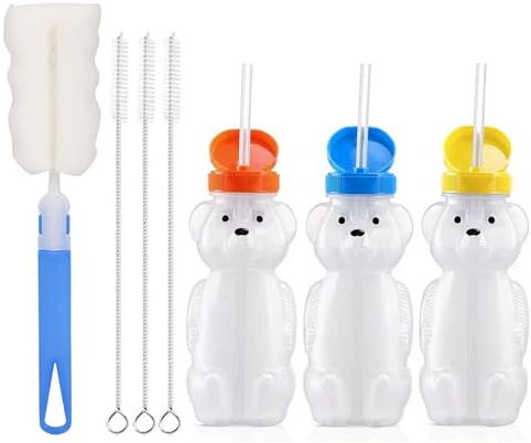 VBRHFRIF 3 Pieces Bear Straw Bottles, 3 Count, Plastic, Cute Design, Leak-Proof Lid, Drinking Straw Cups