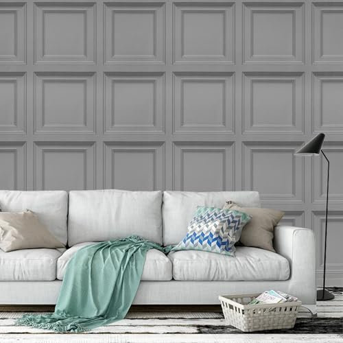 Beswitory 3D Effect Panel Wallpaper - Wood Panelling Wallpaper, Textured Retro Embossed Tartan for Living Room Feature Wall, Bedroom Ceilings - Grey