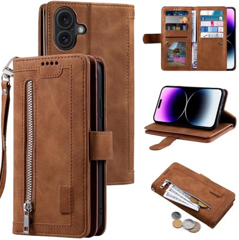 EYZUTAK Wallet Phone Case for iPhone 16, Retro Matte 9 Card Holder Slots Zipper Pocket Case PU Leather Magnetic Closure Kickstand with Wrist Strap Folio Flip Case - Brown