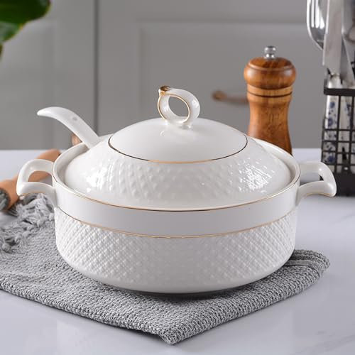 Sopera Blanca con Dorado Diseño, Soperas de Porcelana Doble Mango con Tapa y Cuchara Vajilla,1.5L