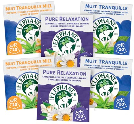 Éléphant, Routine Relax, Infusions 120 Sachets Pyramid® : Pure Relaxation, Nuit Tranquille, Nuit tranquille Miel, 100% d'ingrédients d'origine naturelle, Lot de 6 x 20 sachets