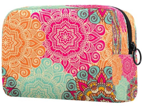 Grande trousse de maquillage colorée style indien mandala bohème pour femme, trousse de toilette de voyage, grande pochette de maquillage pratique avec fermeture éclair, multicolore,
